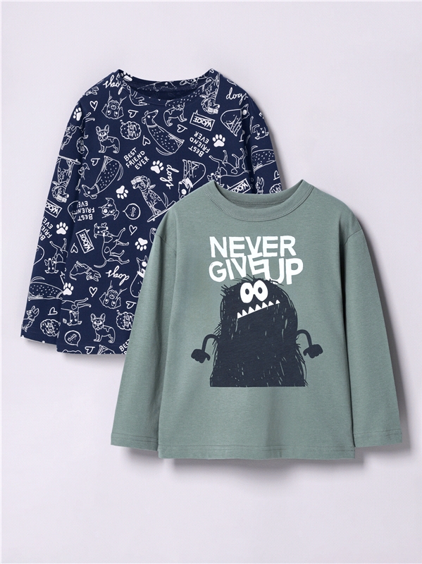 2лонгслива 2ПДЛД5861001н - / серо-зеленый113+белые собаки на синем / Сердитый монстрик / - / - / -